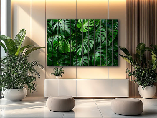 Wood Wall Art - Tropical Green Leaves Print on Natural Wood, Abstract Deep Green Wall Art, Tropical Wall Art, Modern Palm Leaf Print