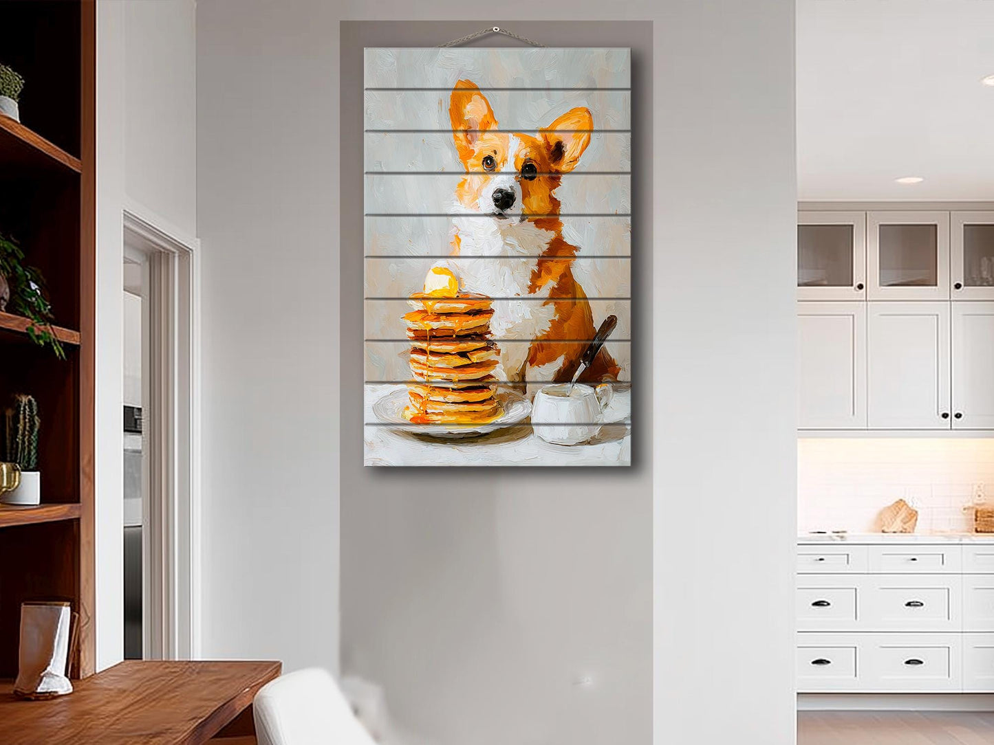 Wood Wall Art - Corgi Pancake Print | Rustic Wood Decor, Minimalist Dog Art