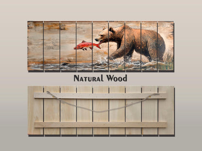 Rustic Wood Wall Art – Grizzly Bear Print on Linden Wood Planks | Natural Wildlife Decor