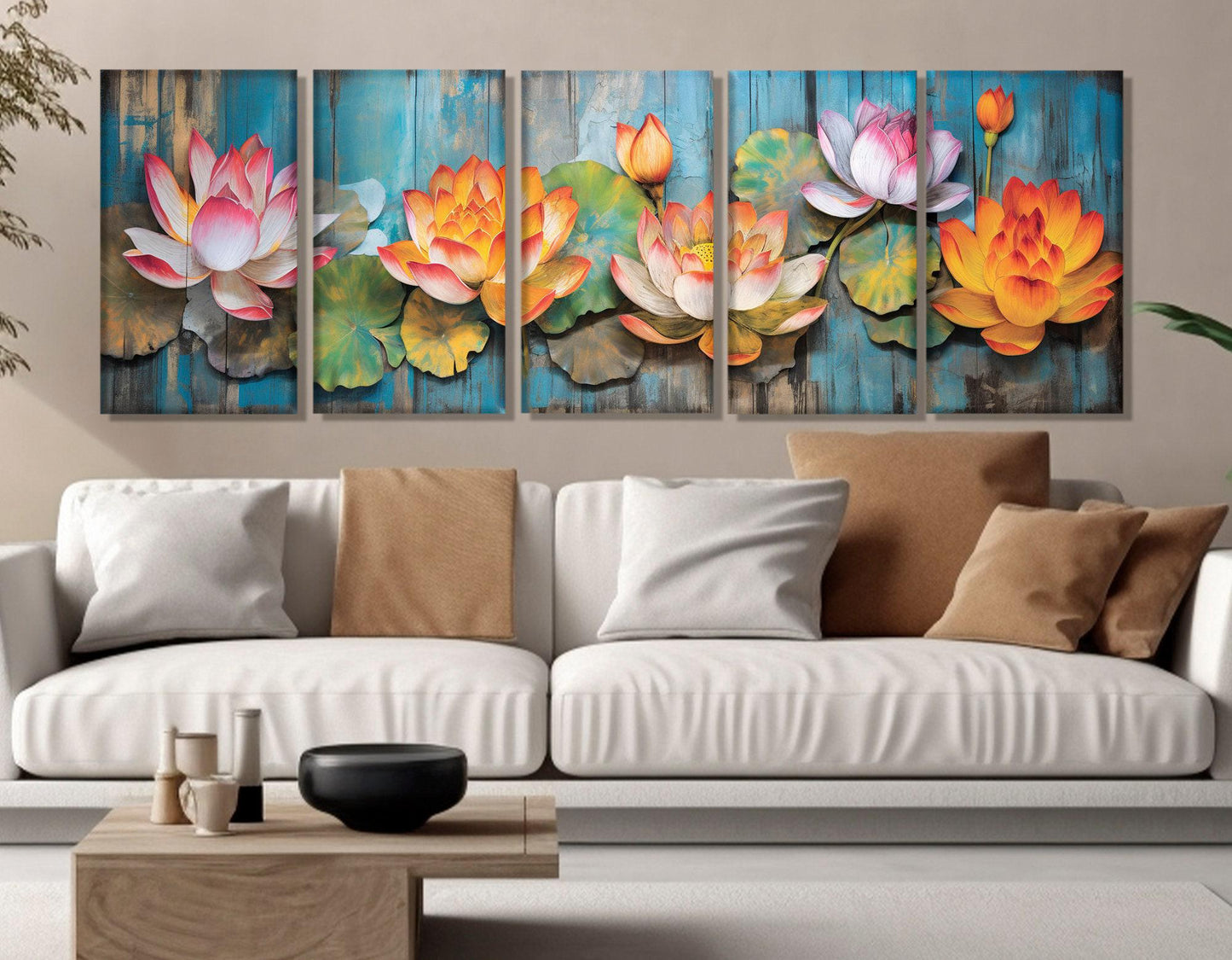 Abstract Lotus Canvas - Vibrant Floral Wall Decor With Wooden Background Painting