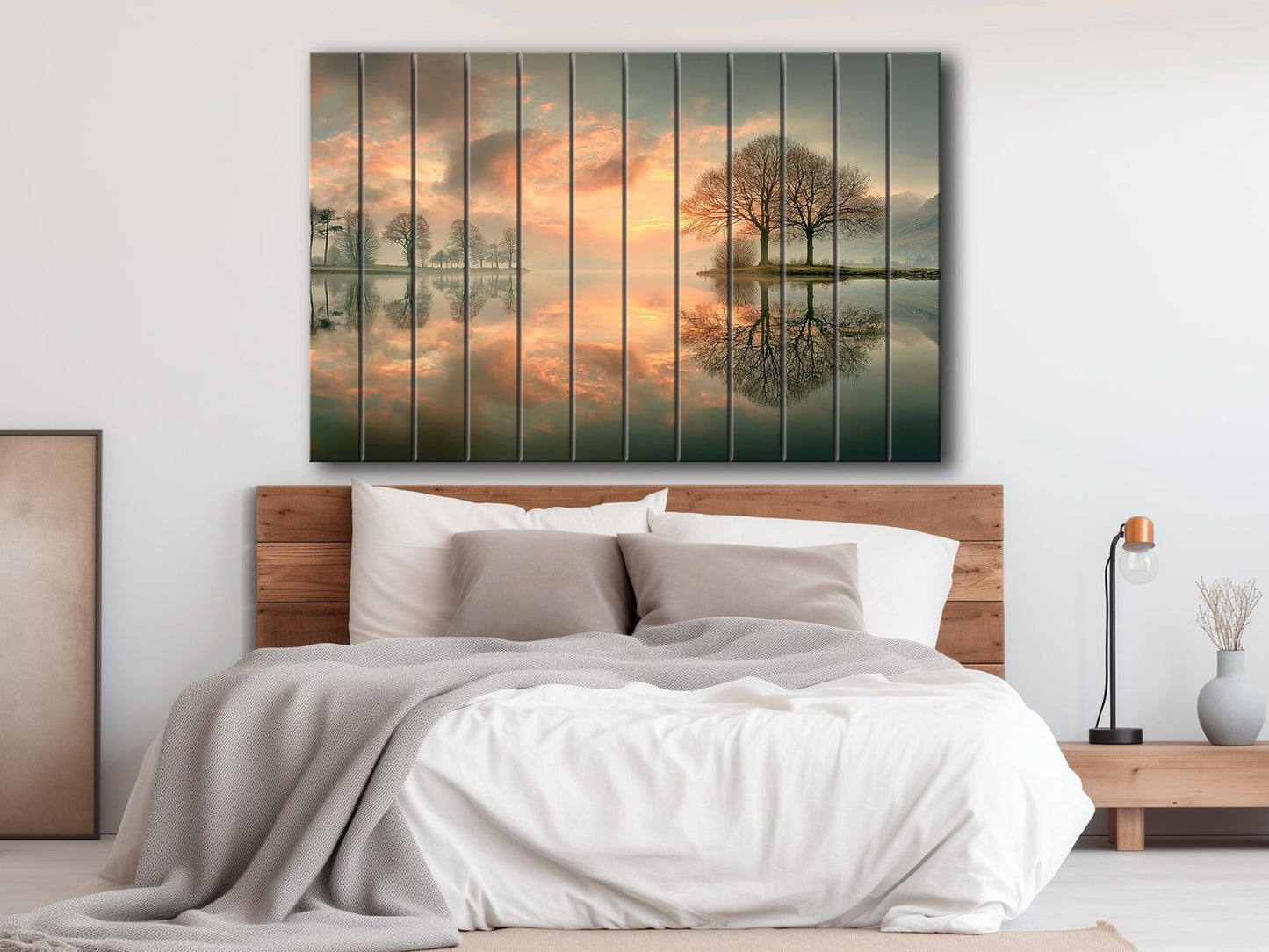 Sunset Lake Print on Wood, Trees Reflection Landscape, Rustic Nature Wall Decor