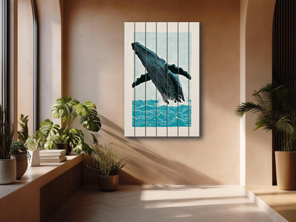Whale Wood Wall Art – Humpback Linocut Print | Coastal Wood Decor, Ready to Hang