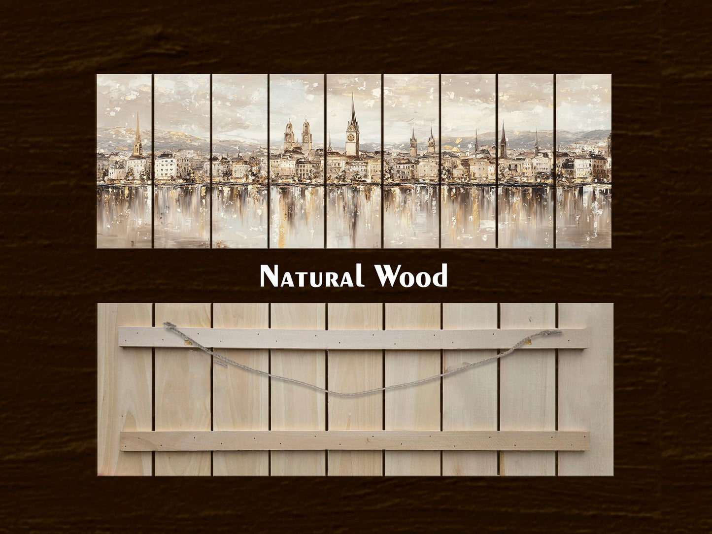 Zurich Skyline Wood Print – Rustic Wall Art with Lake Reflections Painting