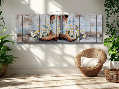 Cowboy Boots Wall Art - Handcrafted Wood Print | Rustic Western Decor with Daisies
