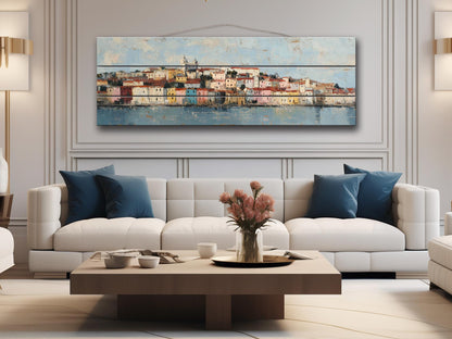 Lisbon Wood Print – Rustic Wall Art with Pastel Houses & Beige Sunlight on Distressed Wood