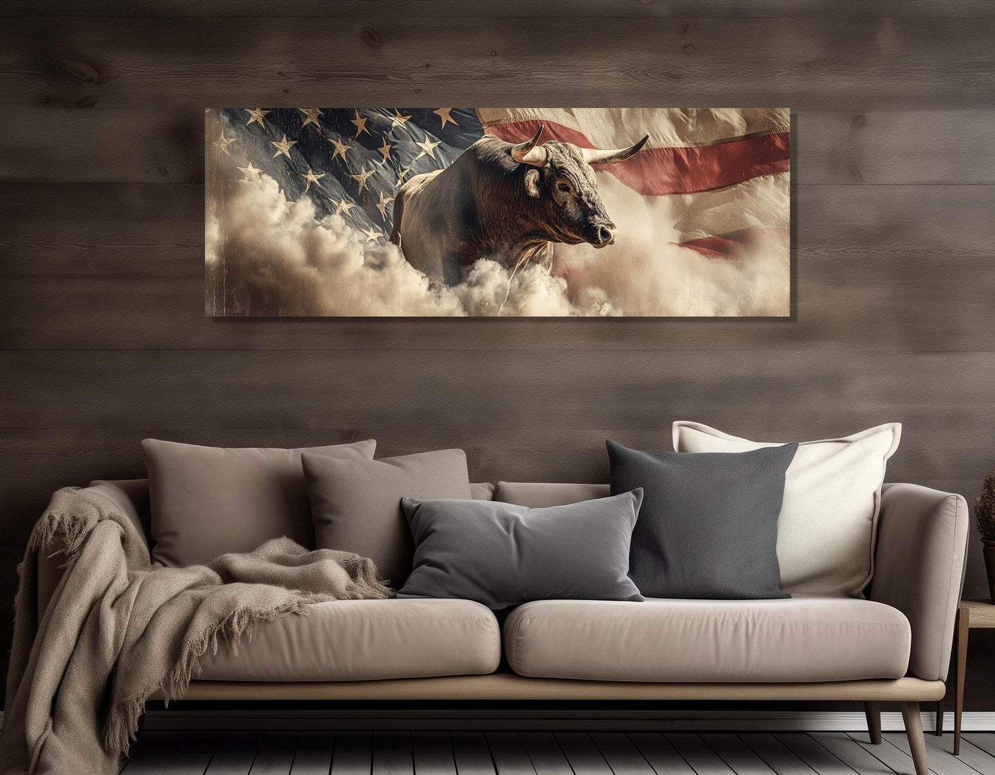 Rodeo Bull on the US Flag Canvas Print, Western Wall Art, Framed and Ready to Hang