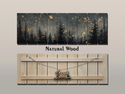 Wood Wall Art - Pine Forest Print | Starry Sky Painting on Wood Plank Art