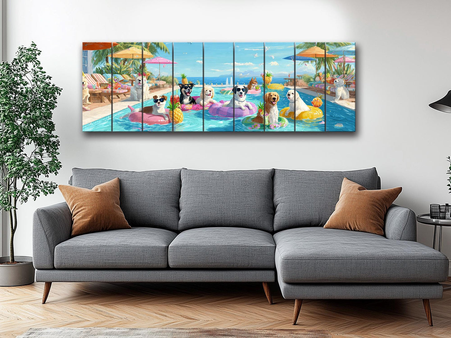 Dog Pool Wall Art – Colorful Summer Dog Print on Natural Wood – Playful Party Scene