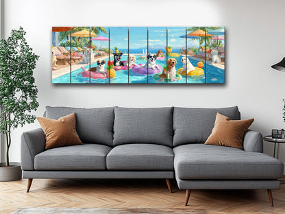 Dog Pool Wall Art – Colorful Summer Dog Print on Natural Wood – Playful Party Scene