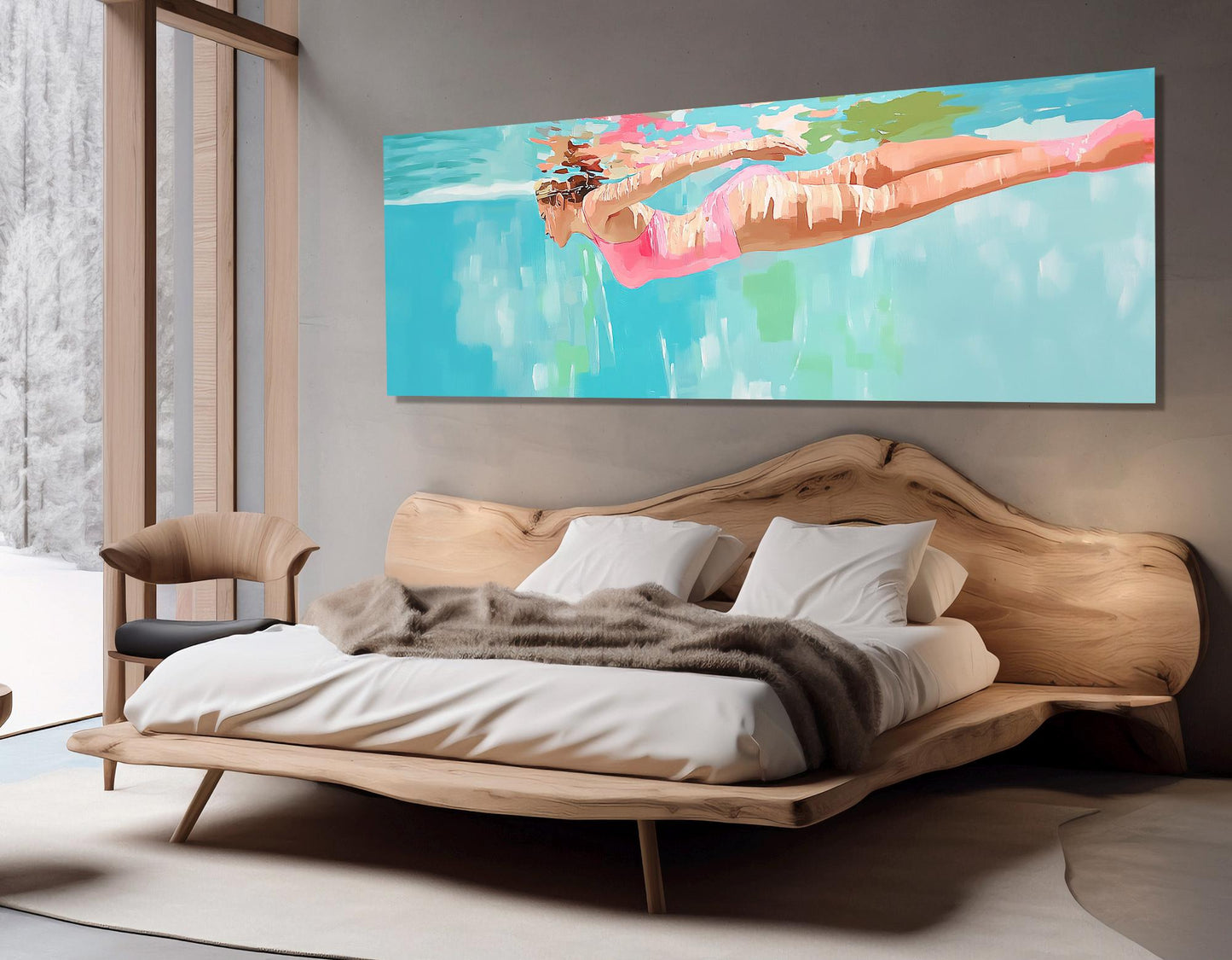 Swimming Wall Art – Lady Swimming Painting Framed Canvas Print, Poolside Decor