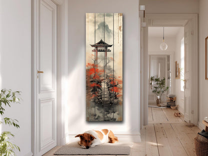 Japanese Torii Gate Wall Art – Misty Mountain Zen Landscape Decor on Wood Panel