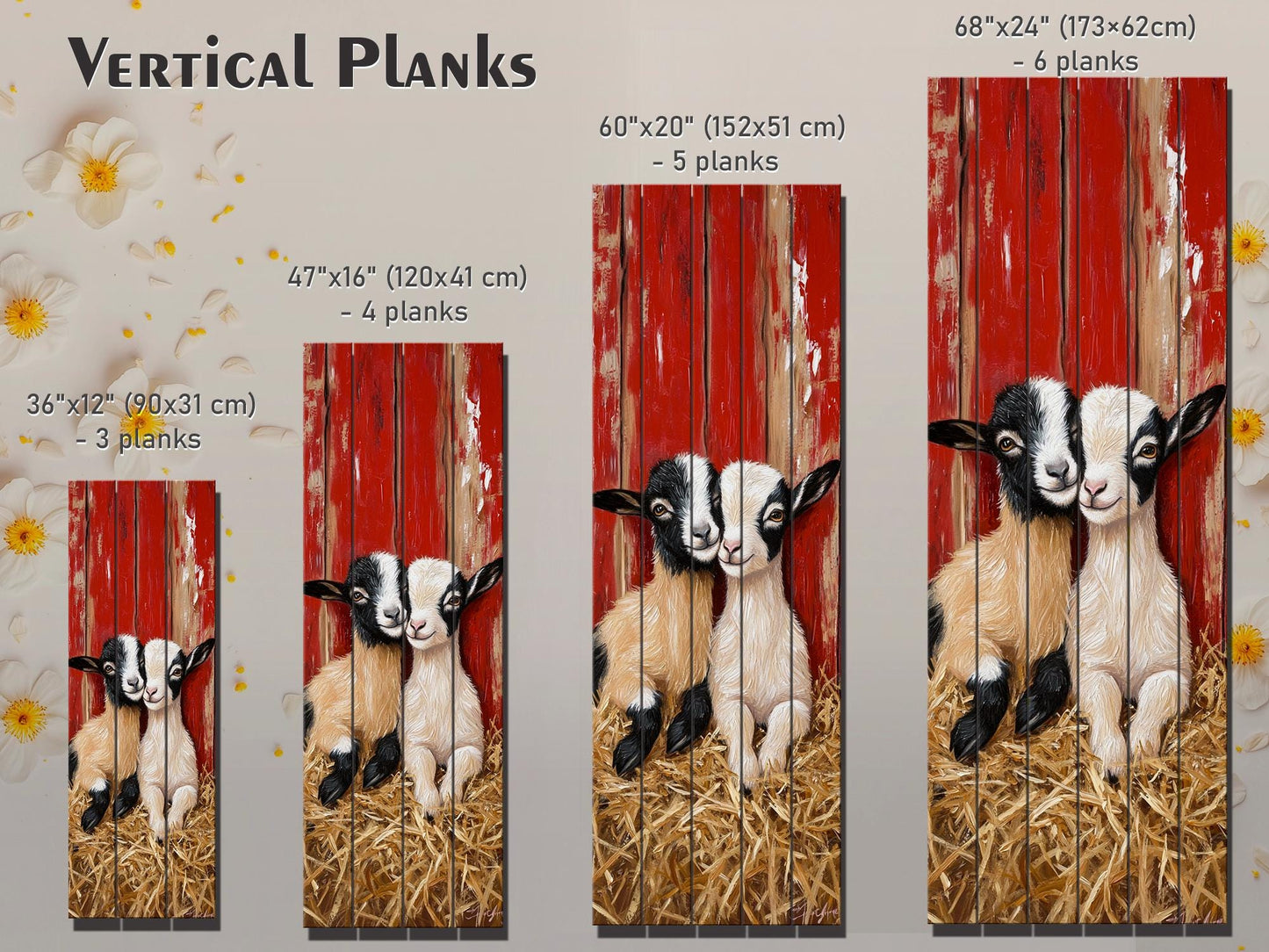 Rustic Wood Wall Art – Two Baby Goats Resting in Straw Next to Red Barn Wall, Farm Animal Print on Natural Linden Wood, Farmhouse Decor