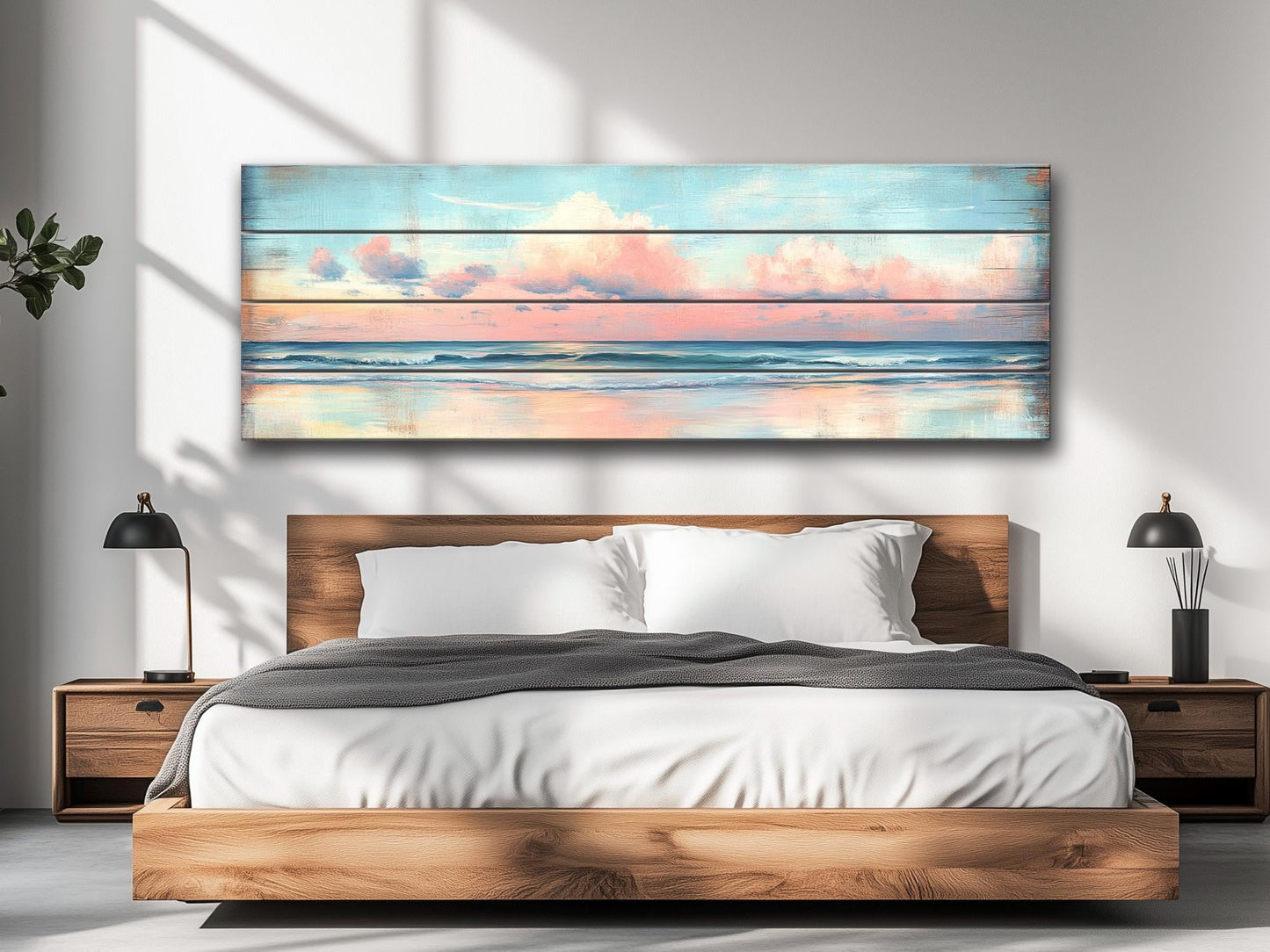 Wood Wall Art – Dreamy Pastel Skyline with Cotton Candy Clouds over Ocean Print on Natural Wood, Rustic Sea Beach Painting, Soft Tones Art
