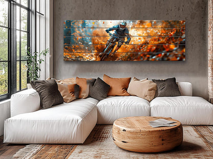 Mountain Biker Print – Natural Wood Wall Art | Outdoor Sports Decor