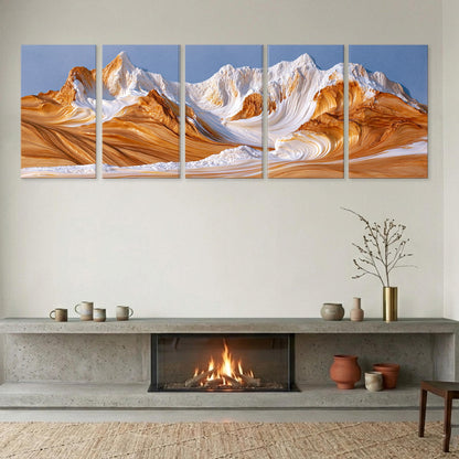 a fireplace with a warm fire burning inside, surrounded by various decorative items such as vases and a potted plant. Above the fireplace, there is a large, colorful painting depicting a mountain landscape with swirling patterns of orange and white.