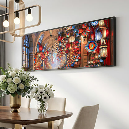 a dining room with a large, colorful painting hanging on the wall above a wooden table. The table is set with a vase of white flowers and a potted plant. The room has a modern and stylish design, with a chandelier hanging from the ceiling and a large window providing natural light.
