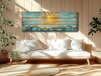 Abstract Golden Sun Over Turquoise Waves Print on Natural Wood, Boho Sunrise Print, Rustic Sun Painting, Boho Wall Decor, Wood in Interior