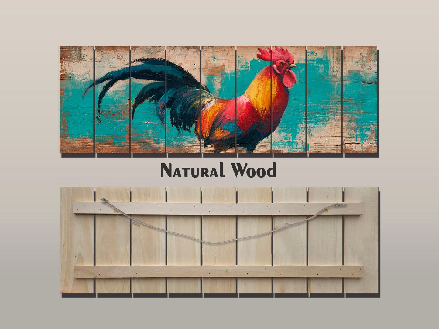 Wood Wall Art - Proud Rooster Print on Natural Wood, Rustic Rooster Painting, Farm Wall Decor, Farmhouse Wall Art, Country House Wall Decor