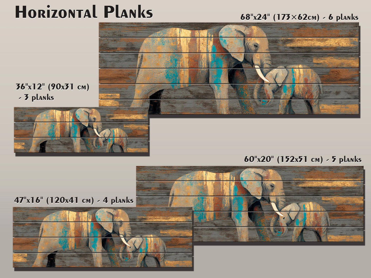 Wood Wall Art - Mother Elephant with Her Calf Print on Natural Wood, Elephants Wall Art, Rustic Elephants Painting, Country Wall Art