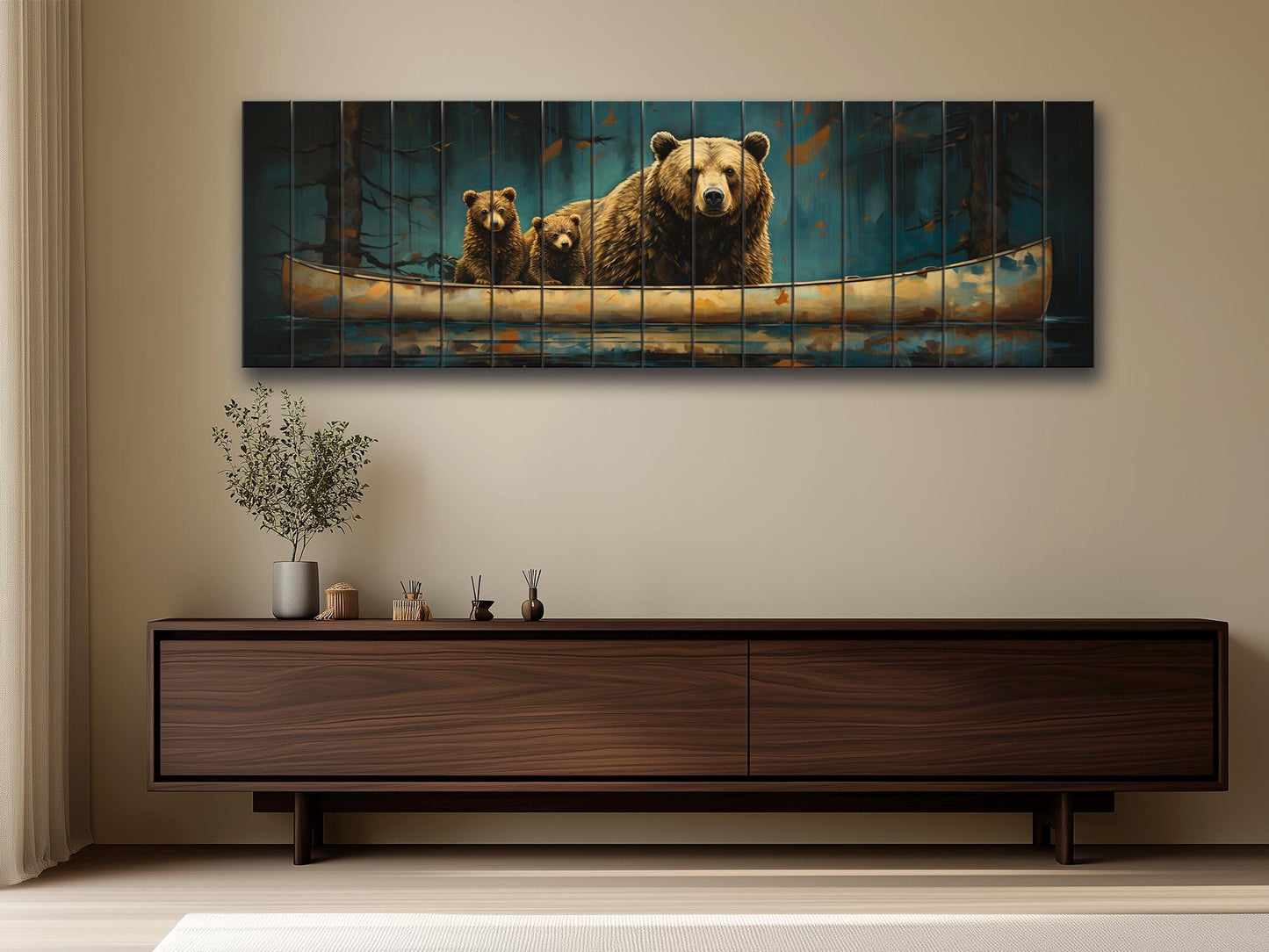 Grizzly Bear Wall Art – Rustic Wood Plank Print with Bear Family Nature Decor