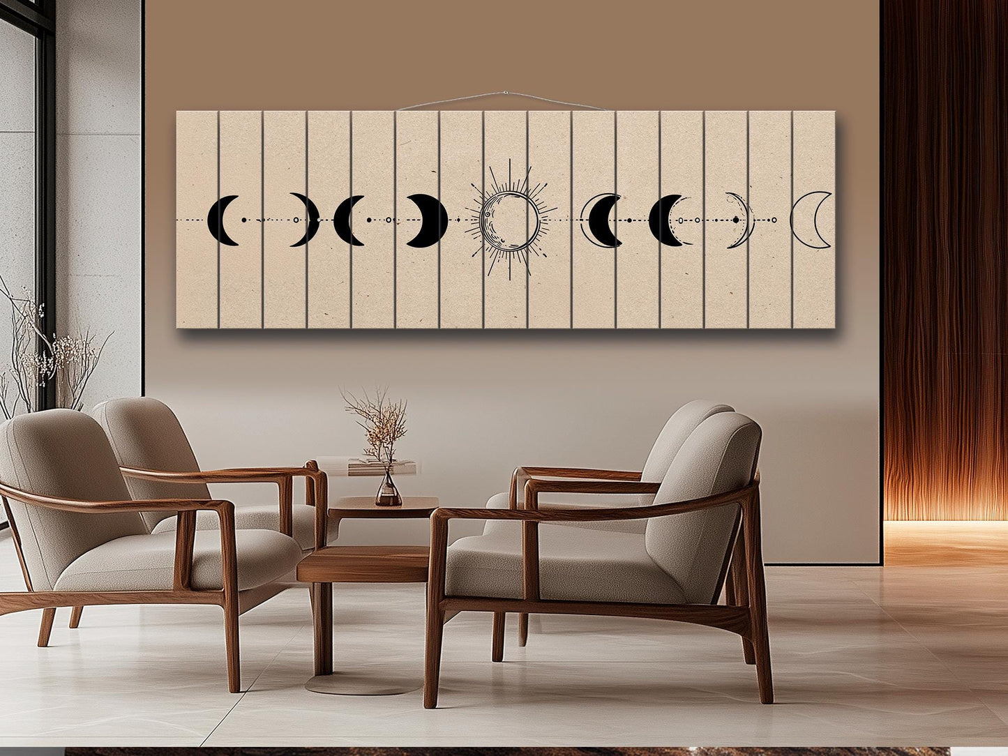 Moon Phases Print on Wood, Minimalist Lunar Cycle Painting, Rustic Wall Decor, Boho Wall Art