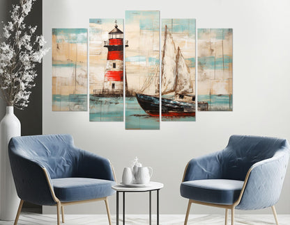 Nautical Wall Art - Rustic Lighthouse Canvas Print With Sailboat Painting, Framed & Ready To Hang