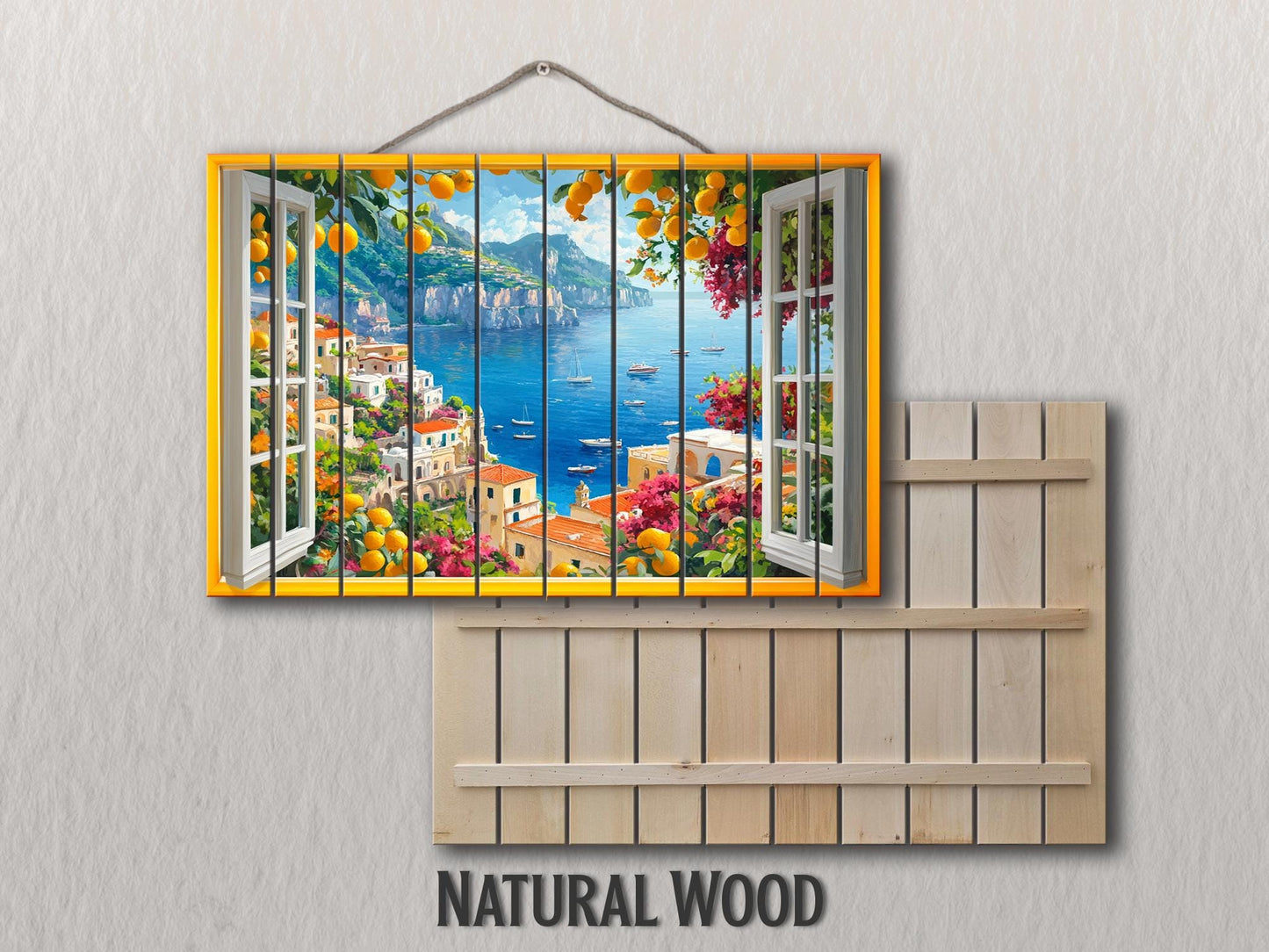 Amalfi Coast Wall Art - Rustic Wood Plank Artwork With Window View Print