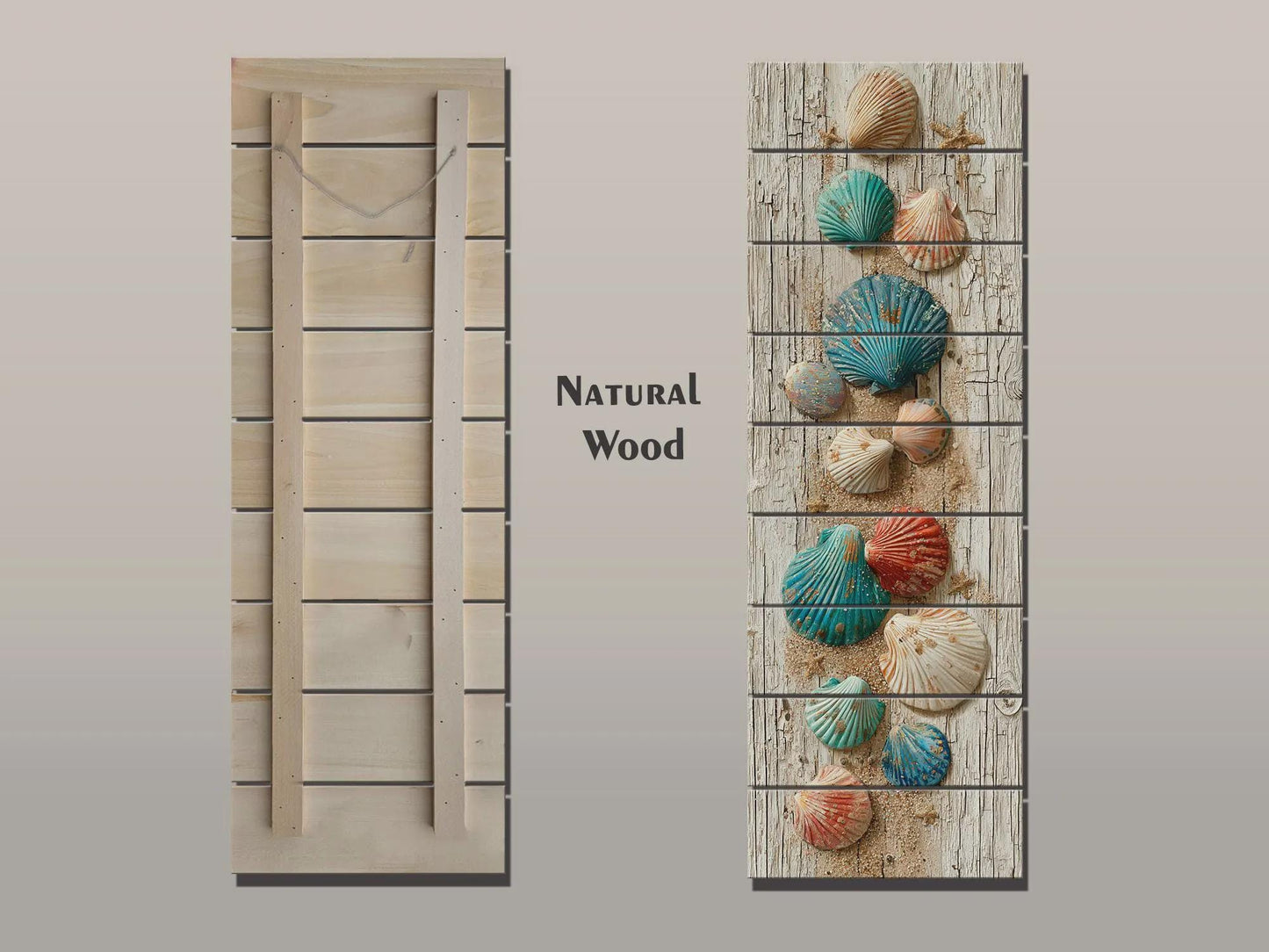 Rustic Wood Wall Art – Coastal Seashell Print on Natural Wood Planks