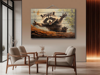 Rustic Woodland Wall Art – Happy Raccoon Wooden Wall Decor on Wood Planks