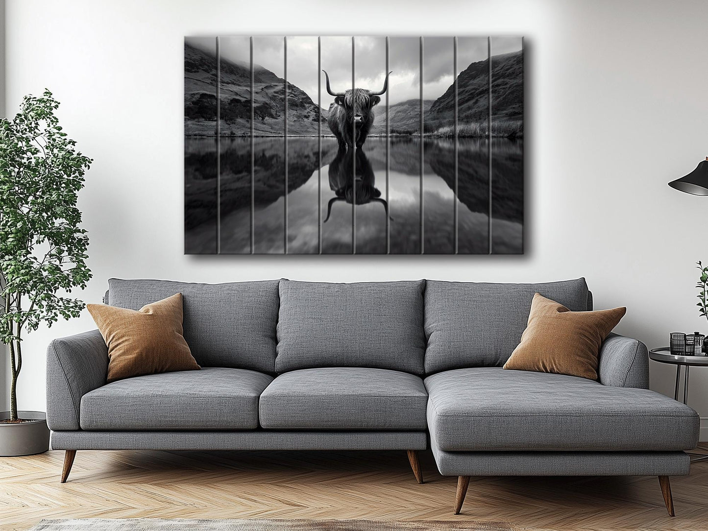Wood Wall Art | Highland Cow Mountains Print on Natural Wood Planks - Rustic Farmhouse Decor