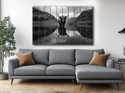 Wood Wall Art | Highland Cow Mountains Print on Natural Wood Planks - Rustic Farmhouse Decor