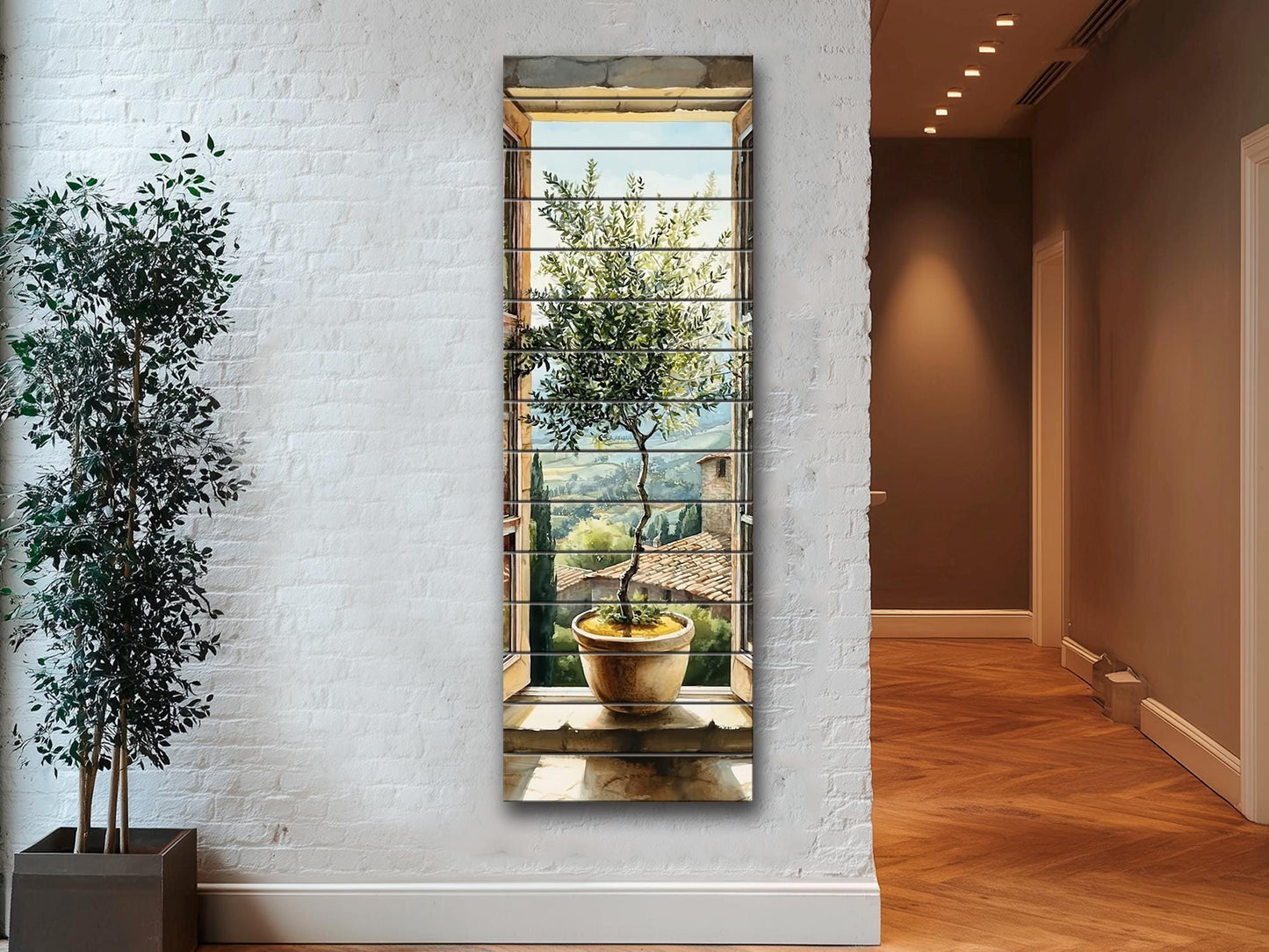 Window with Olive Tree Print on Wood, Tuscan Wall Art, Italian Watercolor Decor
