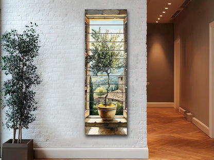 Window with Olive Tree Print on Wood, Tuscan Wall Art, Italian Watercolor Decor