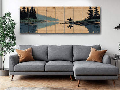Horse and Rider Wood Print – Rustic River Wall Art with Natural Wood Texture