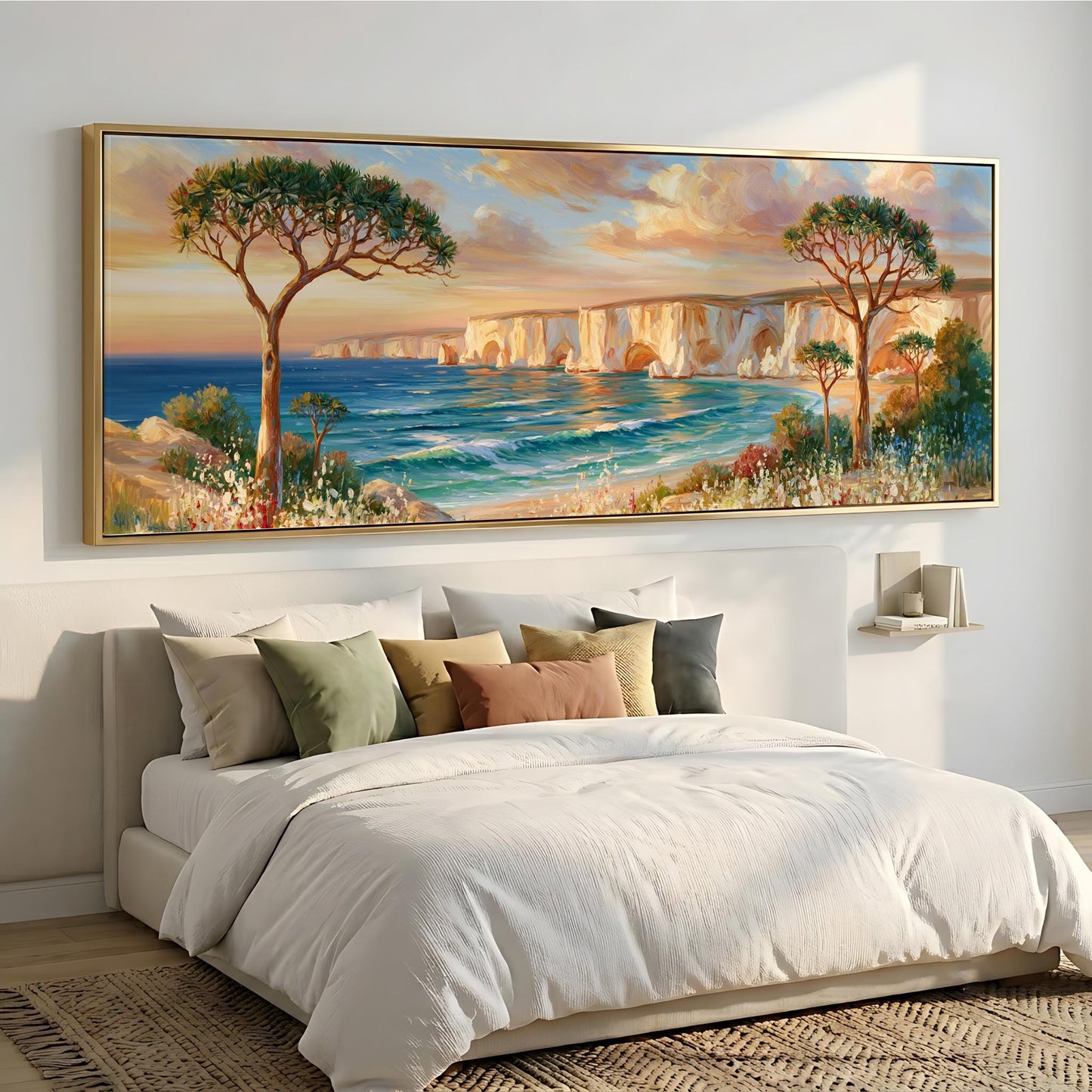 a large painting of a serene coastal landscape hanging on a wall above a bed with white bedding.