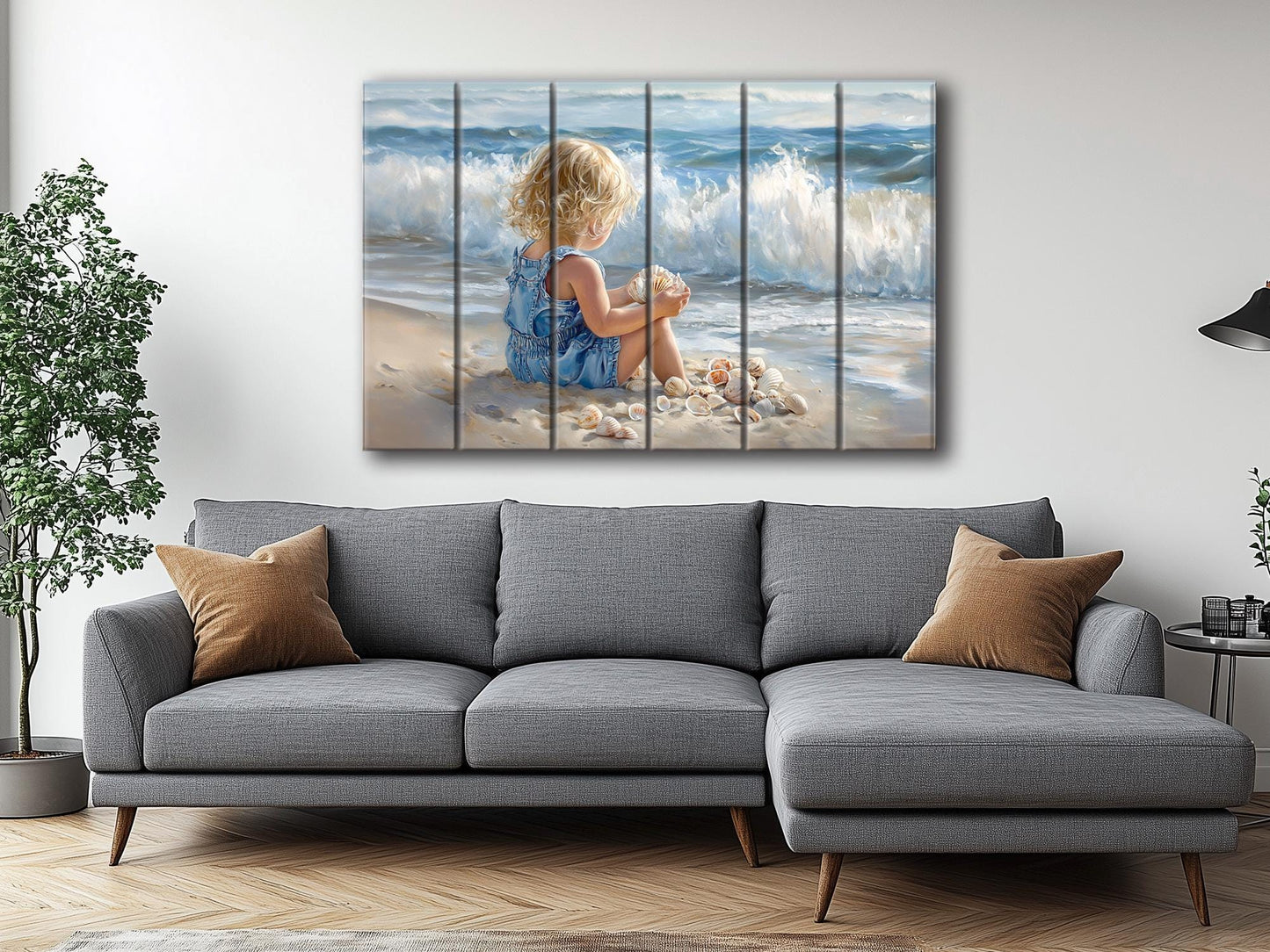 Wood Wall Art – Abstract Beach Wall Decor With Kid Playing on Wood Print