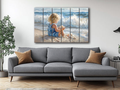 Wood Wall Art – Abstract Beach Wall Decor With Kid Playing on Wood Print