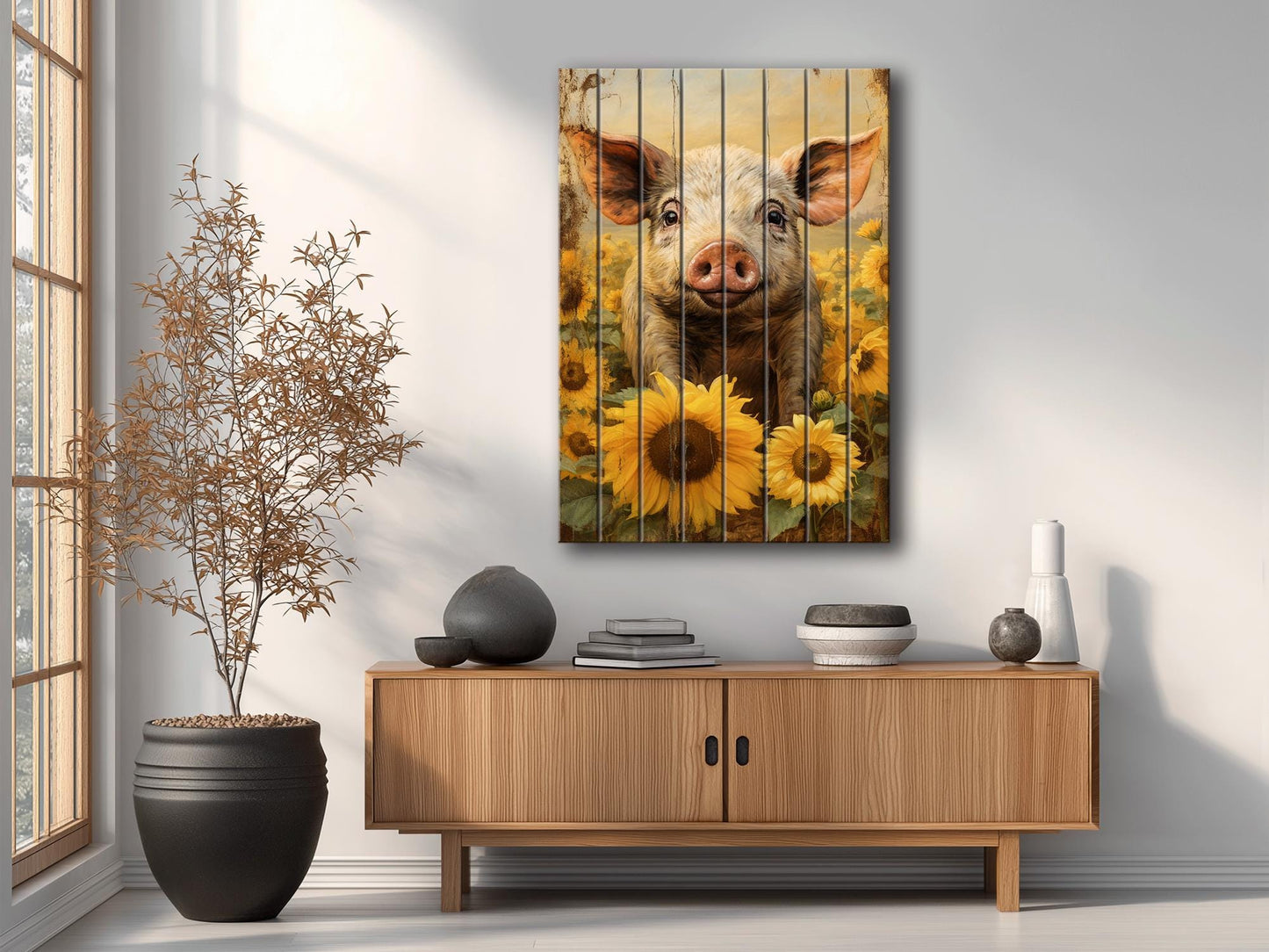 Rustic Wooden Wall Art – Pig In Sunflower Field Wood Plank Print With Fade Resistant Colors