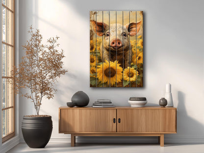 Rustic Wooden Wall Art – Pig In Sunflower Field Wood Plank Print With Fade Resistant Colors