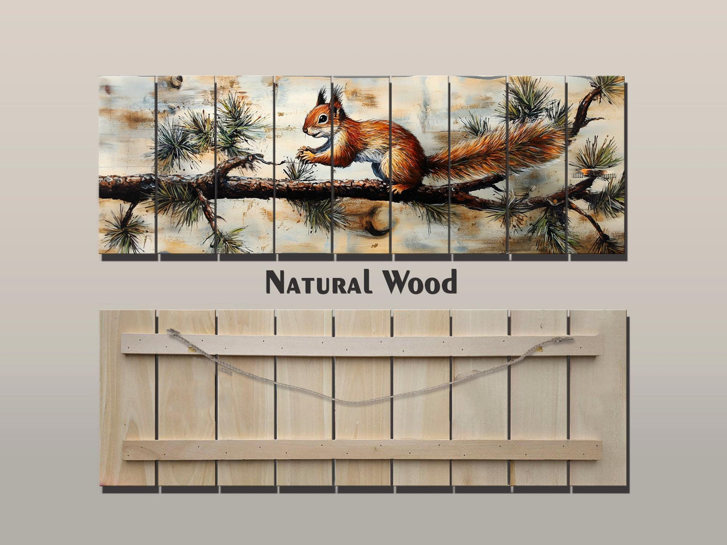 Rustic Wood Wall Art – Squirrel on Pine Branch | Natural Wood Print Decor