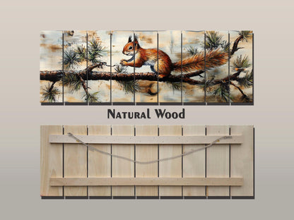 Rustic Wood Wall Art – Squirrel on Pine Branch | Natural Wood Print Decor