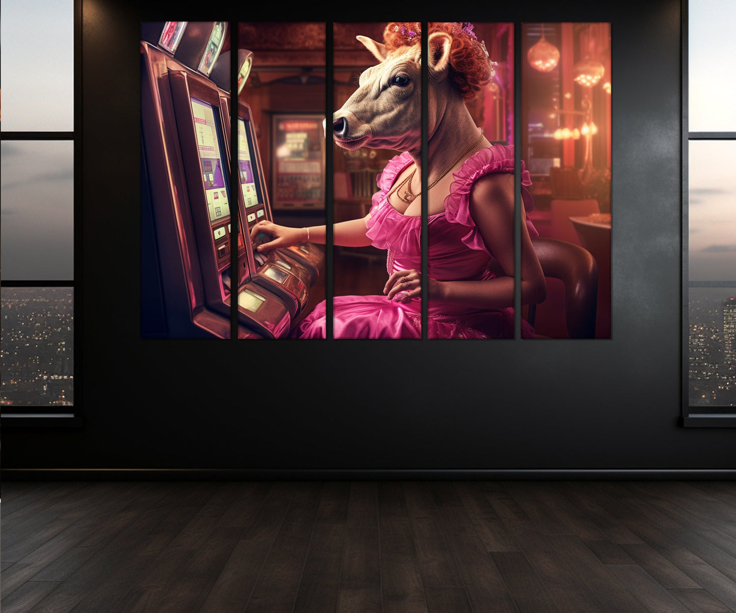 Casino Wall Art - Cow Playing Slots Print | Framed Canvas Ready to Hang