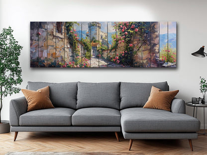 Rustic Wood Wall Art – Flower Pathway Print on Natural Wood Plank Decor