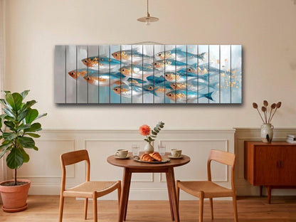 School of Fish Print on Wood, Marine Abstract Painting, Coastal Wall Art