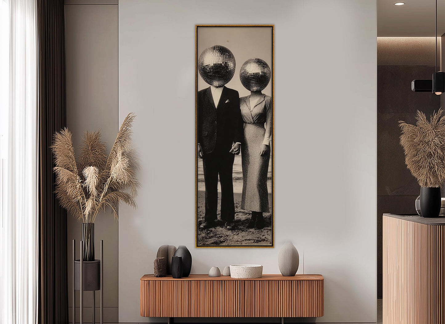 Vintage Disco Ball Canvas – Black and White Surreal Wall Art | Framed Ready to Hang