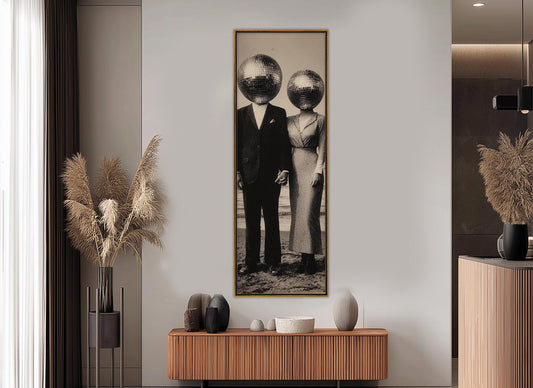 Vintage Disco Ball Canvas – Black and White Surreal Wall Art | Framed Ready to Hang