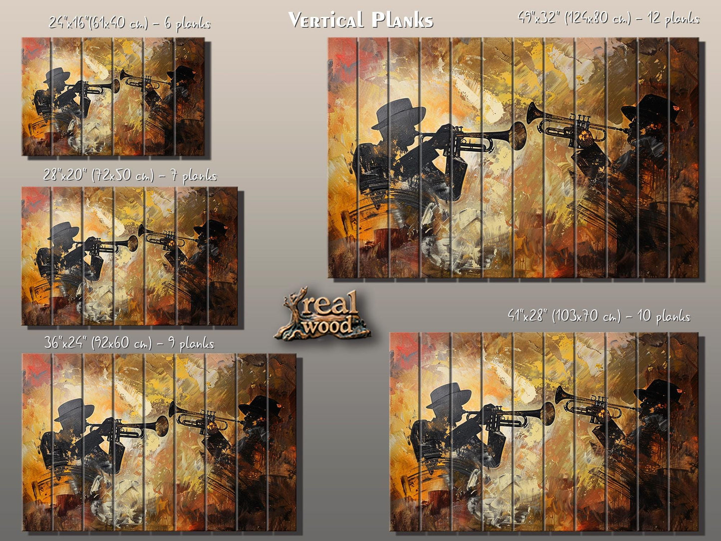 Rustic Wood Wall Art – Abstract Trumpet Painting on Wood | Jazz Music Decor