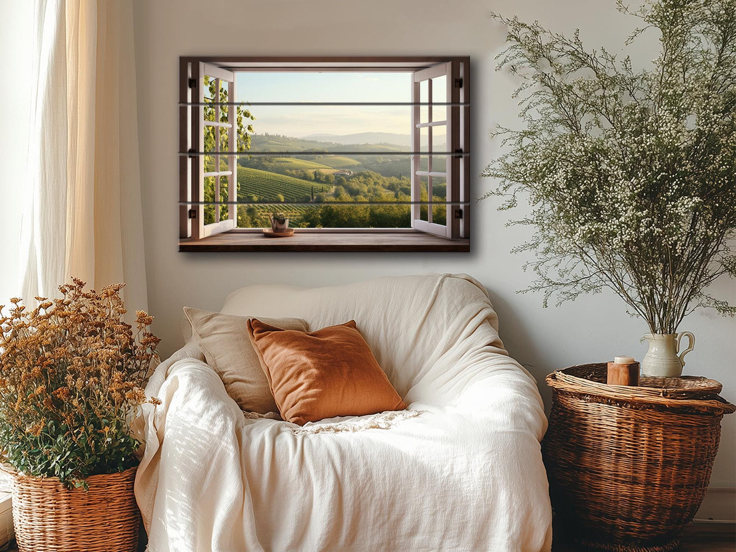 Wood Wall Art - Open Window with Tuscany Landscape Print on Natural Wood, Tuscany Painting, Mountain View in Interior, Italian Wall Art