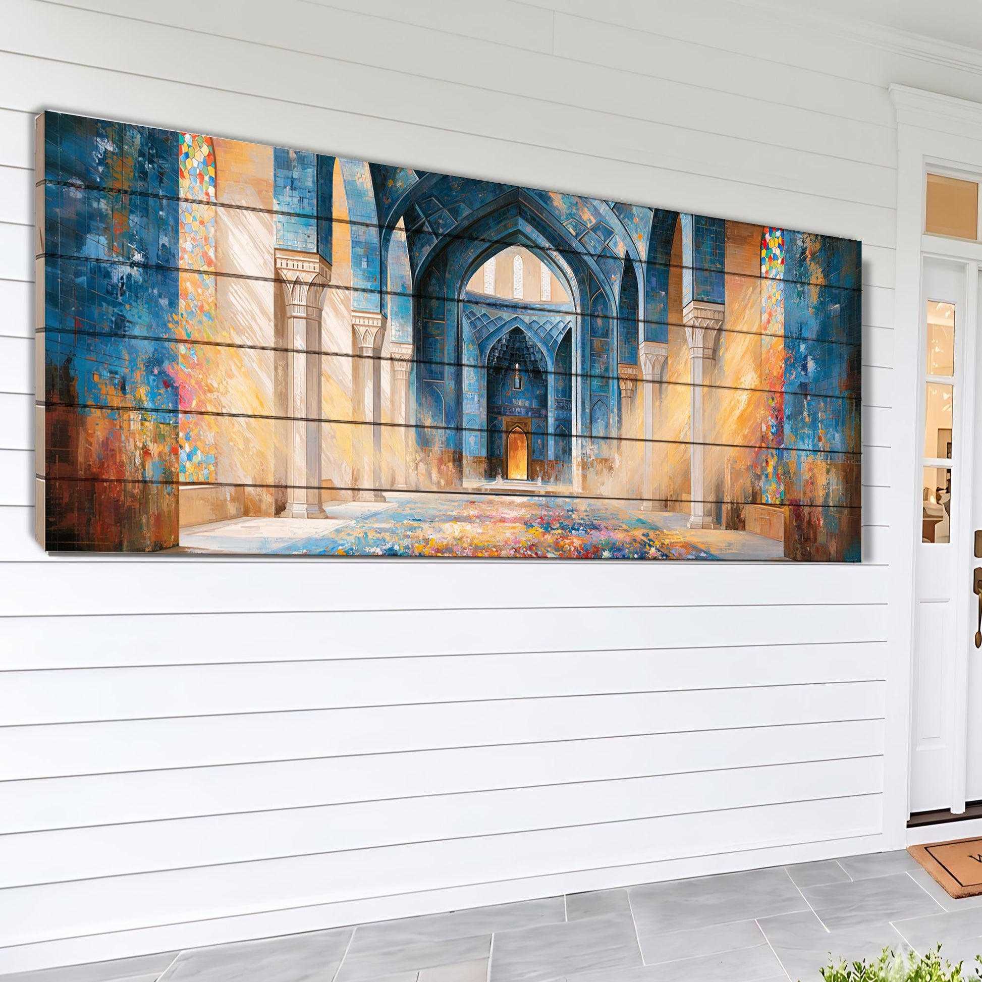 The image is a large, colorful painting depicting an ornate, arched doorway with intricate architectural details.