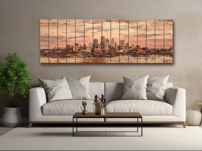 Kansas City Wood Print – Panoramic Skyline Painting on Distressed Wood Art